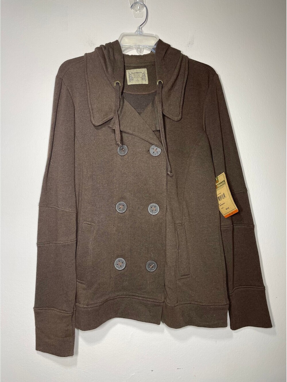 New Ruffhewn Double-Breasted Hooded Knit Peacoat Jacket L